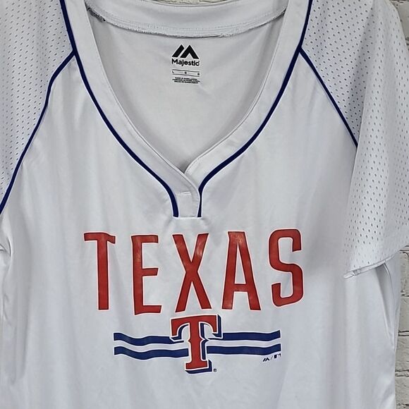 Men's Large Majestic Texas Rangers White Baseball Jersey MLB Logo Tee Mesh Trim - Picture 3 of 7